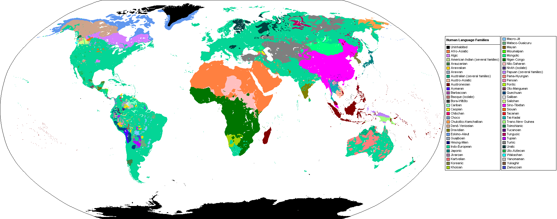 上图：世界主要语系（Language Family）的分布。根据Ethnologue 2015年的资料，目前全世界已知7472种语言。语言学家们根据这些语言之间的关系，把它们分为数百种语系，但他们至今无法在语系的划分上取得统一意见，更无法合理解释这些语系的「祖语 Proto-language」来源于何处，只有圣经能提供答案。