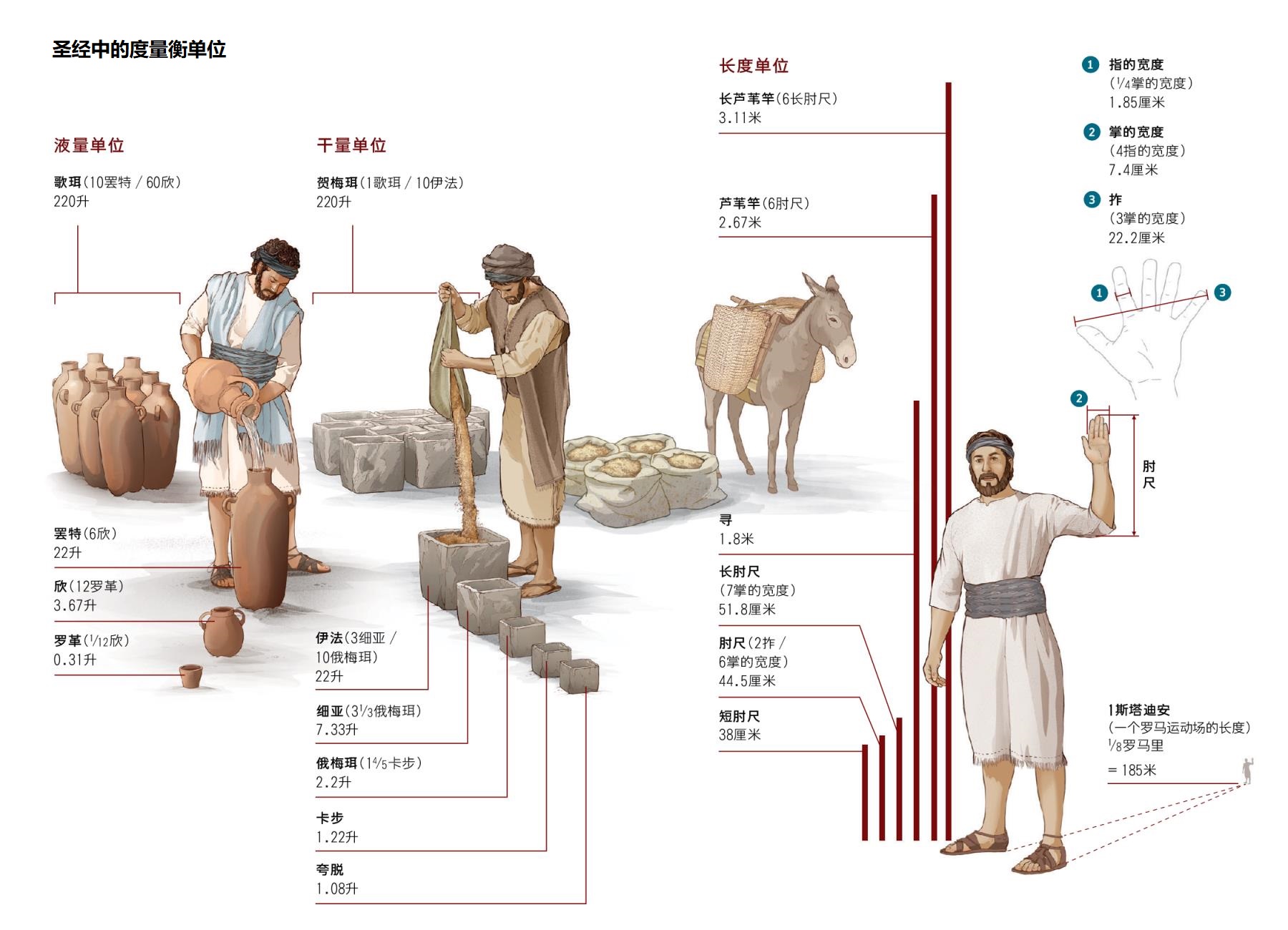 上图：圣经中的度量衡单位。其中「罗革」的大小不能确定。